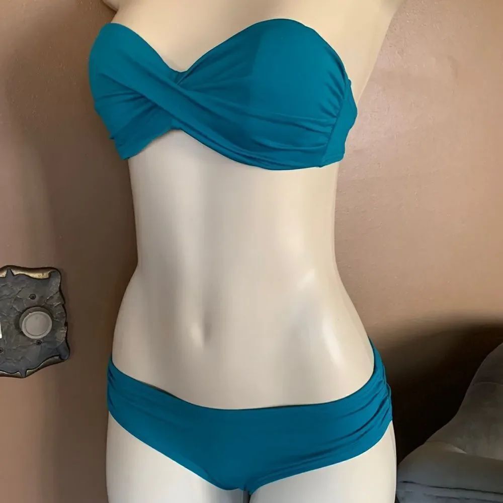 Victoria’s Secret Bandeau Padded Push Up Bra Ruched Hipster Bikini 34B/ S Teal